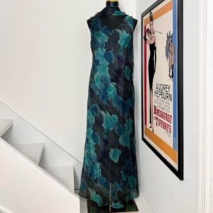 Vintage blue & black floral chiffon maxi dress with matching scarf